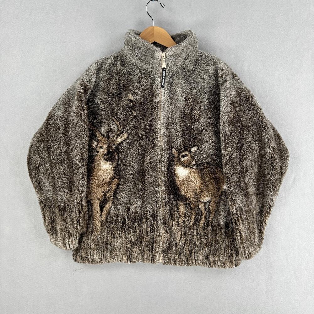 Vintage Black Mountain Jacket Mens Medium Brown Fleece Full Zip Deer Wildlife
